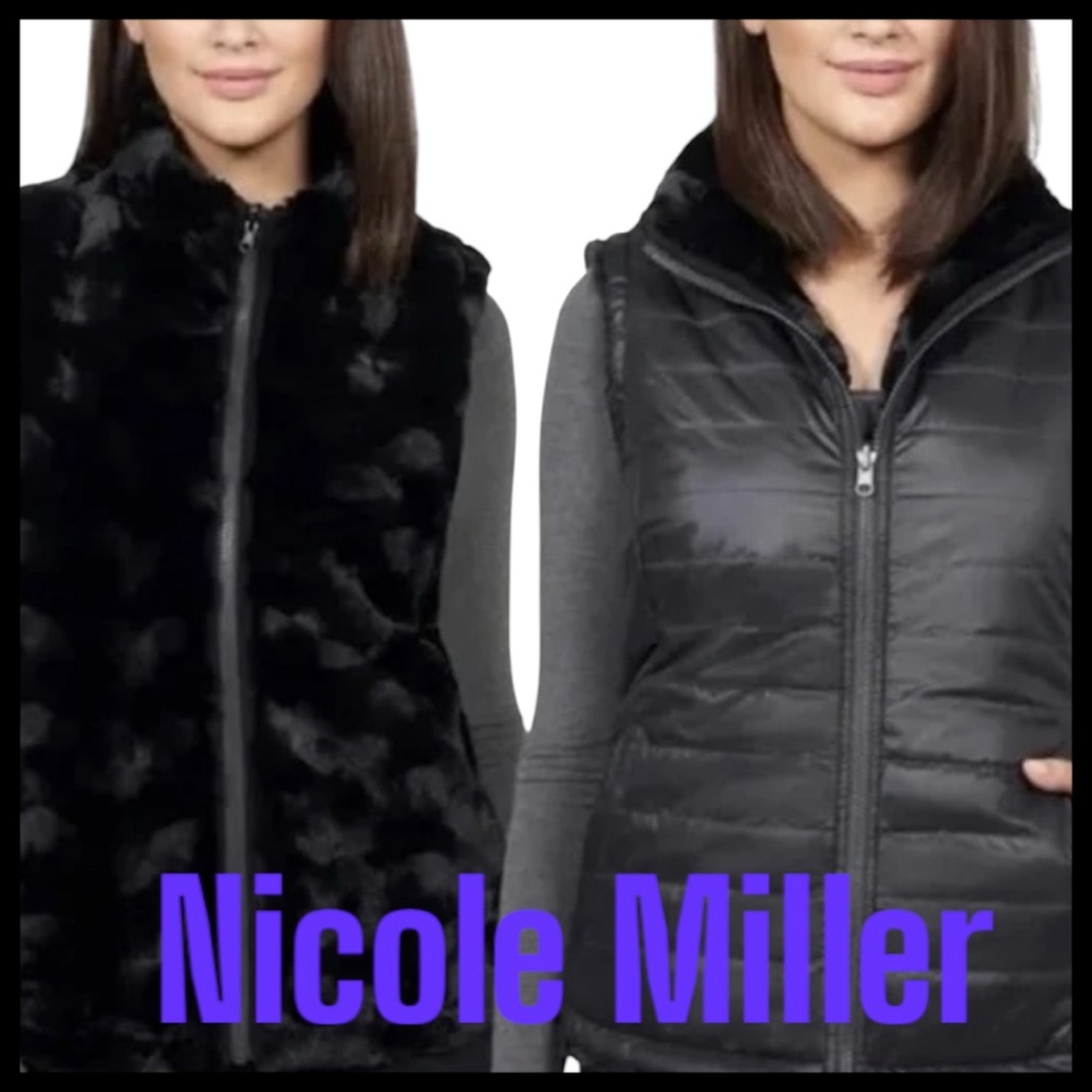 Nicole Miller Black Reversible Quilted Faux Fur Insulated Puffer Vest (M)